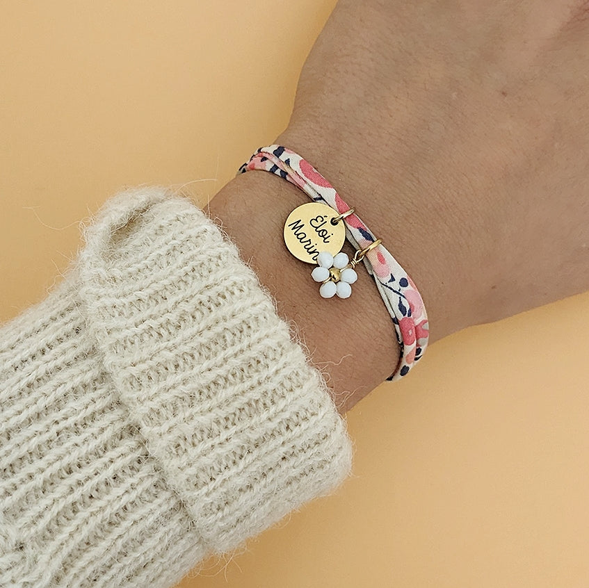 Bracelet en Liberty avec fleur perlée - Bliche